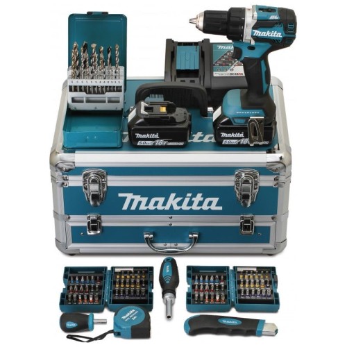 Taladro atornillador de 54 NM con 2 baterías de 5 Ah, cargador y 96 accesorios - Makita DDF484RTX6