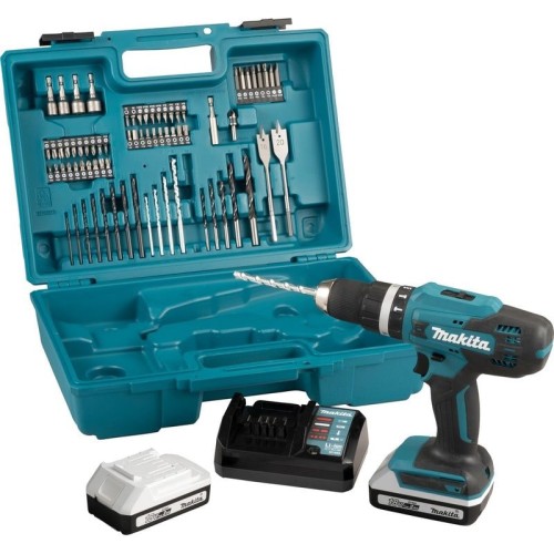 Taladro de impacto 18V 42Nm MAKITA 2 baterías BL1820G + cargador + 74 piezas - HP488DAEX1