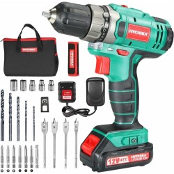 Taladro Atornillador 12V, HYCHIKA Destornillador Eléctrico, 30N.m Par Máx, 1500mAh Batería, 1 Hora de Carga Rápida, 6PCS Puntas, 6PCS HSS Brocas, 5PCS Llaves de vaso, 4PCS Brocas de Madera, 1 Bolsa