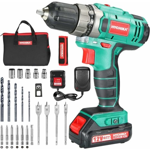 Taladro Atornillador 12V, HYCHIKA Destornillador Eléctrico, 30N.m Par Máx, 1500mAh Batería, 1 Hora de Carga Rápida, 6PCS Puntas, 6PCS HSS Brocas, 5PCS Llaves de vaso, 4PCS Brocas de Madera, 1 Bolsa