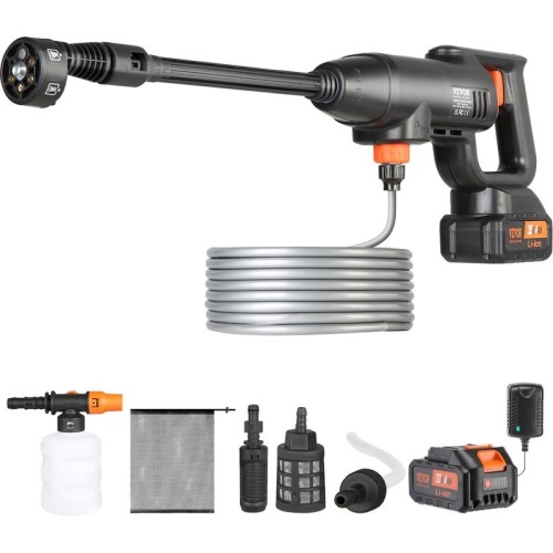 VEVOR Lavadora de Alta Presión con Batería Inalámbrica 21V Limpiador Portátil de Alta Potencia 580PSI 50bar Lavadora Electrica 4L/min Cargador de Batería de 4,0Ah para Limpieza de Patio, Jardín, Coche
