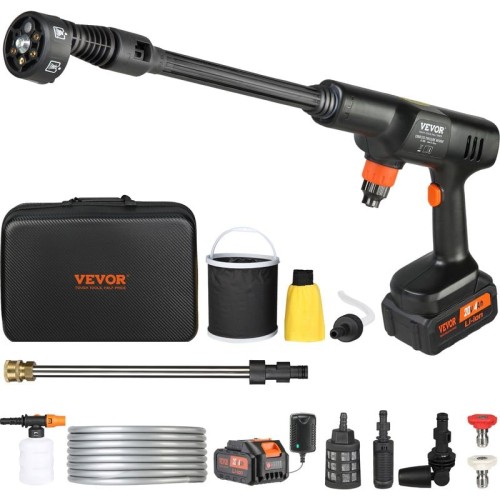 VEVOR Lavadora de Alta Presión con Batería Inalámbrica 21V Limpiador Portátil de Alta Potencia 652PSI 50bar Lavadora Electrica 3,5L/min Cargador de Batería 4,0Ah para Limpieza de Patio, Jardín, Coche