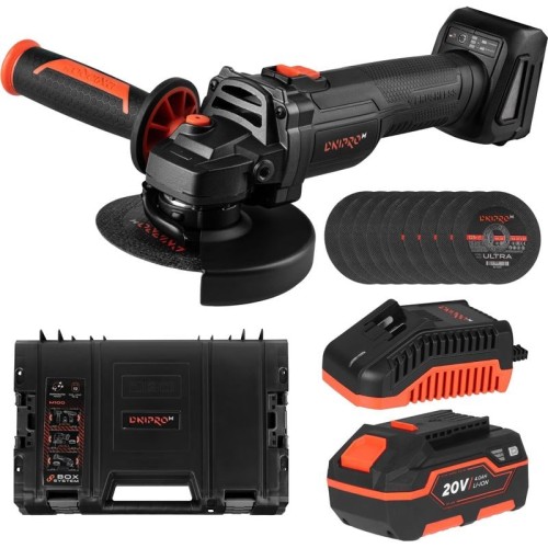 Dnipro-M DGA-201BC Ultra Amoladora Angular Inalámbrica 20V 125mm Brushless, 2 Velocidades 3000-8500 RPM, KIT con Batería 4Ah, Cargador y 10 Discos de Corte Incluidos