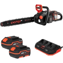 DNIPRO-M Motosierra Batería 36V 40 cm  2 Baterías 4.0Ah + Cargador Dual  Corte Rápido 16 m/s, Freno Seguridad  Sierra para Poda y Jardín DCS-201BC Dual